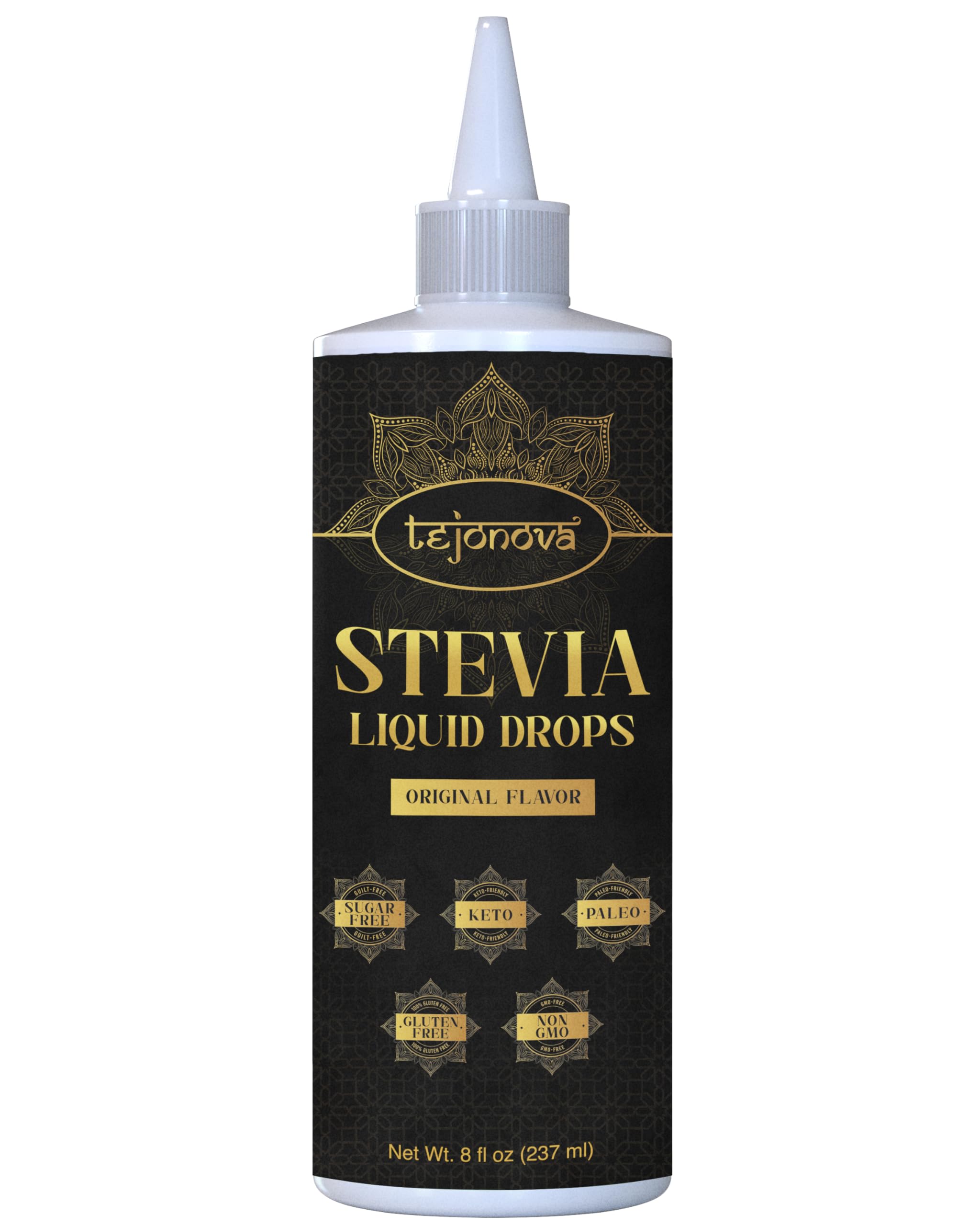 Tejonova Stevia Liquid Drops bottle on counter, zero-calorie sweetener for drinks.