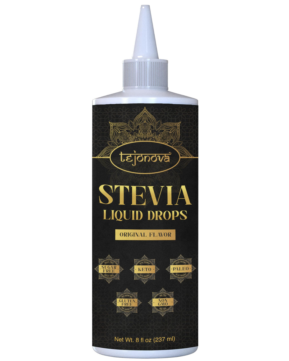 Tejonova Stevia Liquid Drops bottle on counter, zero-calorie sweetener for drinks.