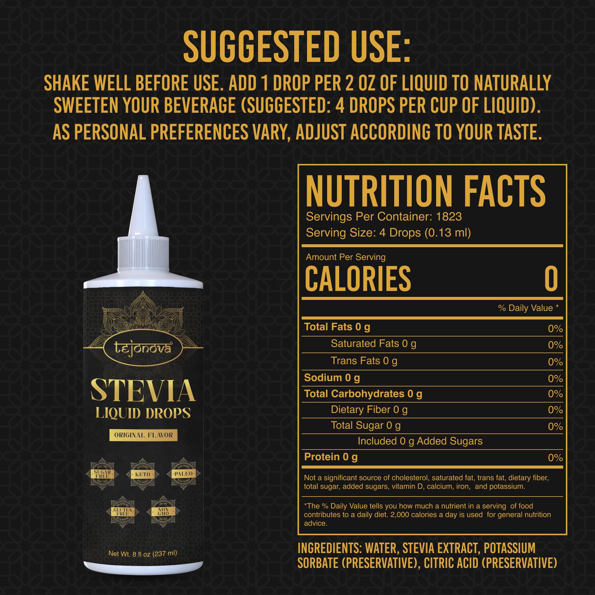 Tejonova Stevia Liquid Drops dropper close-up, precise sweetness without sugar.