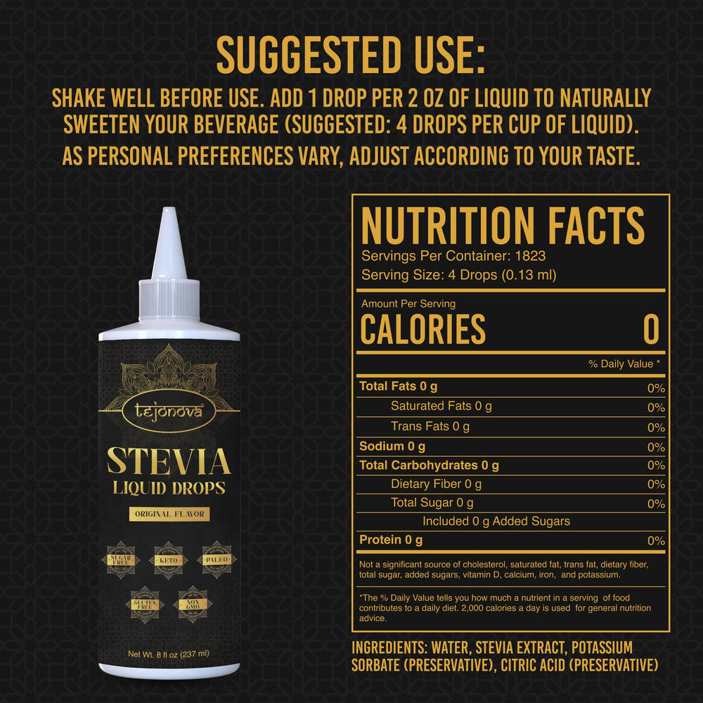 Tejonova Stevia Liquid Drops dropper close-up, precise sweetness without sugar.