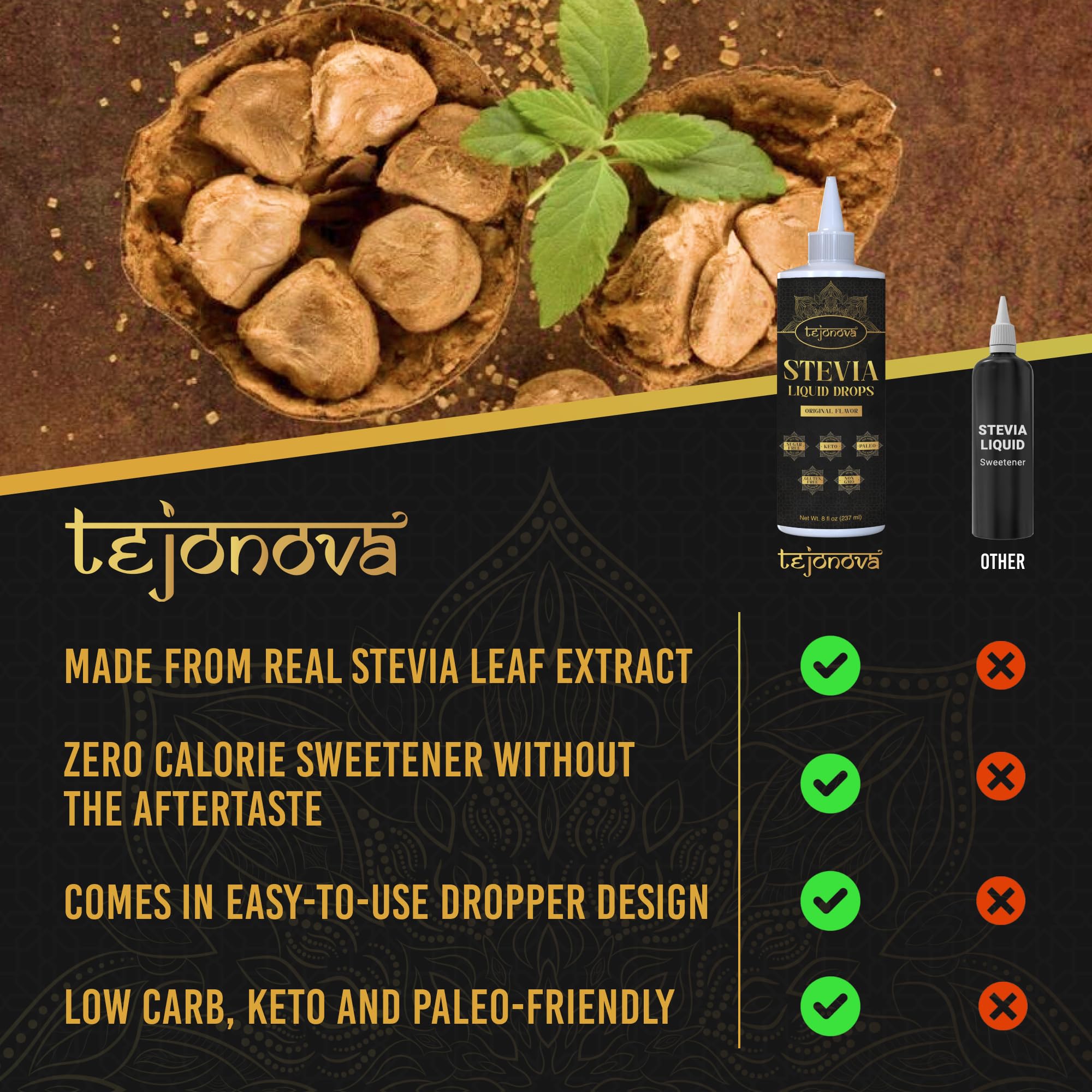 Tejonova Stevia Liquid Drops drops into glass, natural sweetening for beverages.