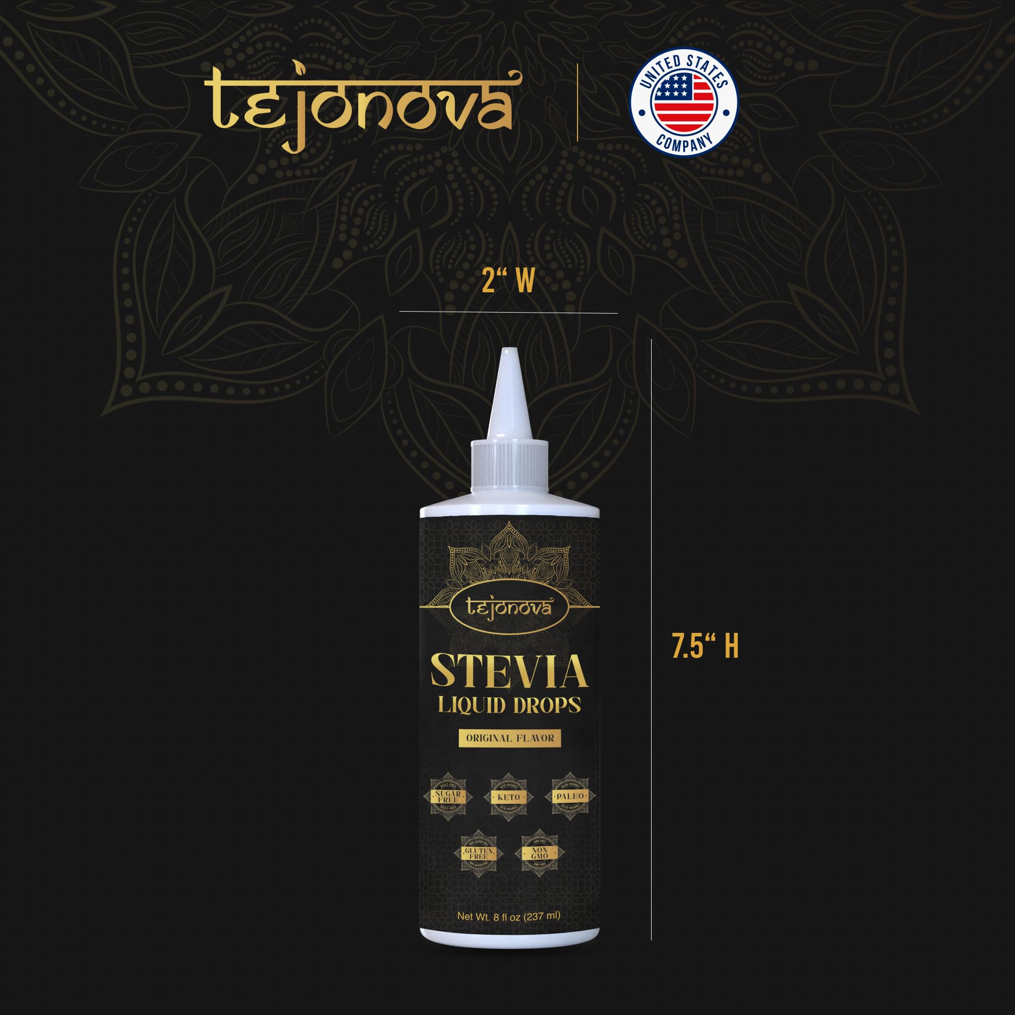 Tejonova Stevia Liquid Drops label close-up, pure stevia extract.