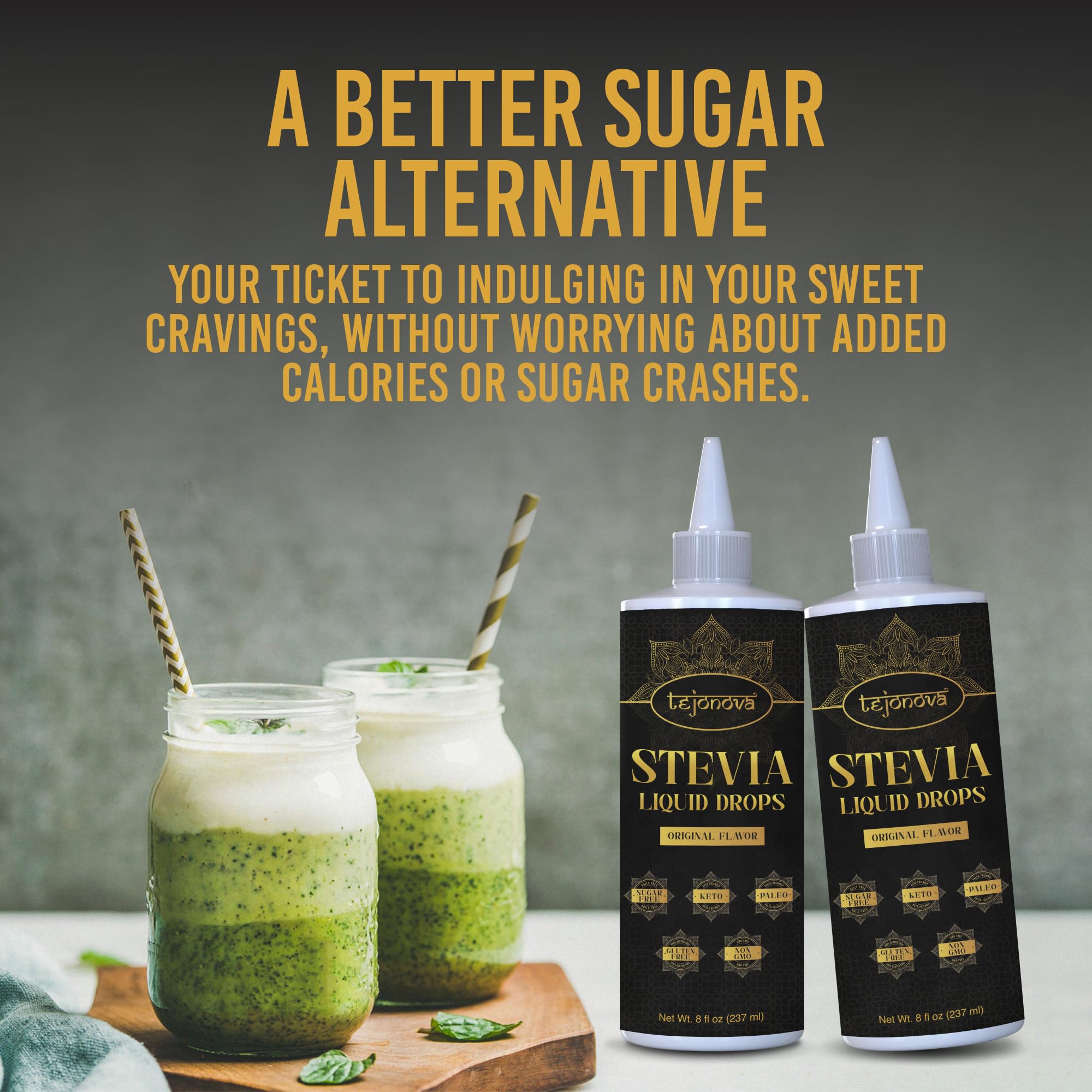 Tejonova Stevia Liquid Drops in tea, sugar-free flavor.