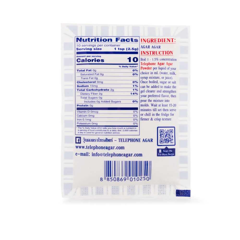 Telephone agar-agar powder strong-setting for firm, clear gels in puddings.