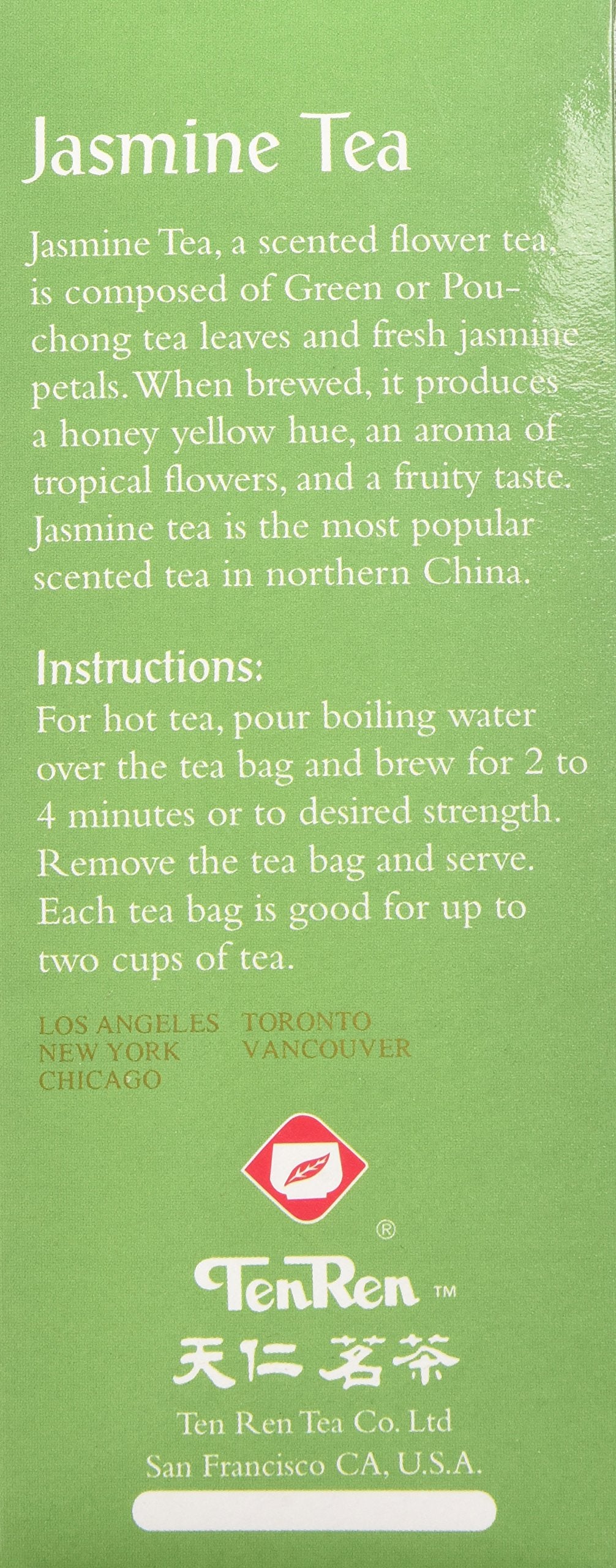 Close-up of Ten Ren jasmine tea bag showing quality leaves for a fragrant cup