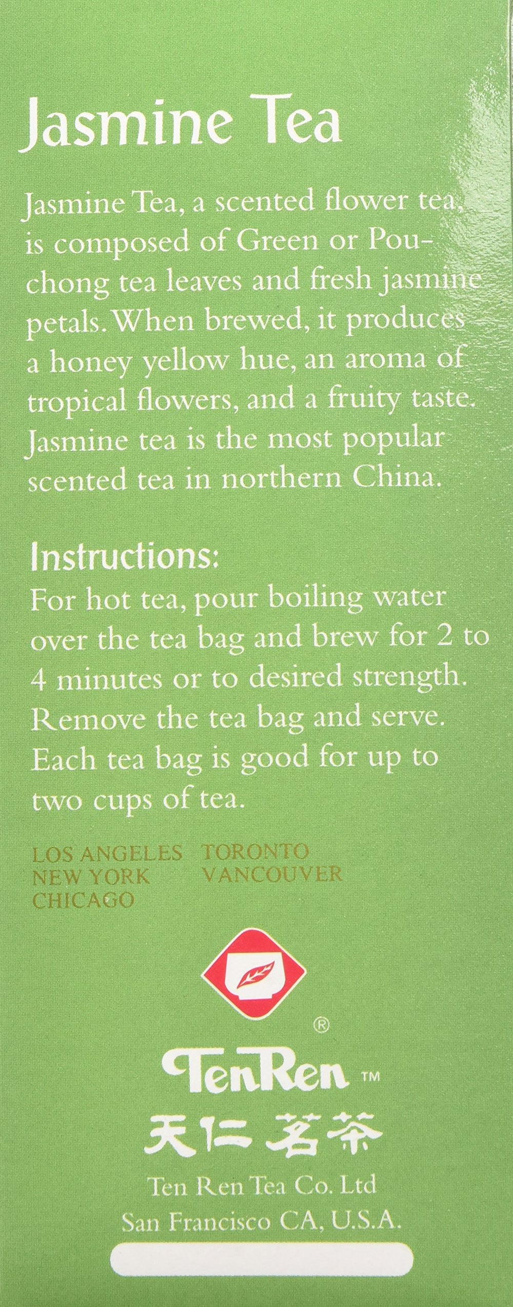Close-up of Ten Ren jasmine tea bag showing quality leaves for a fragrant cup
