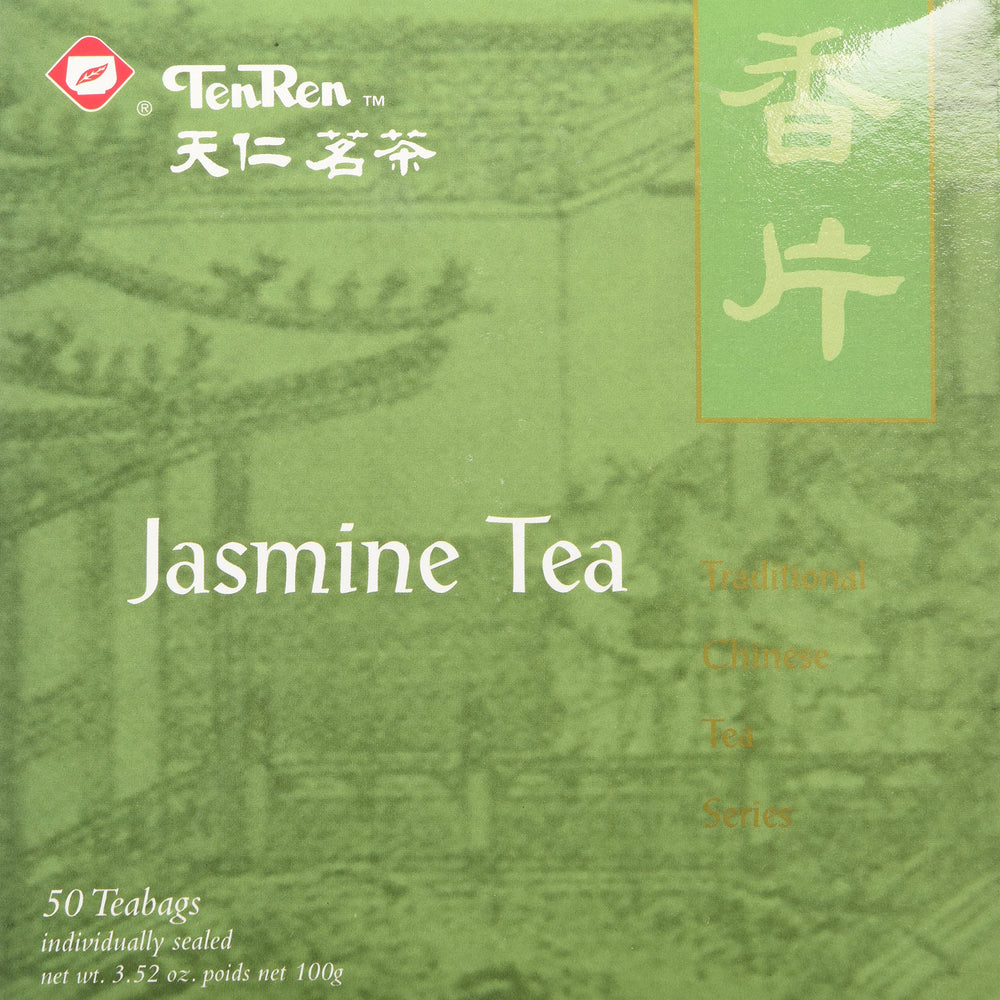 Ten Ren jasmine tea cup brew with honey color and tropical aroma