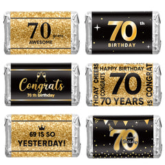 Tenare 70th birthday stickers in black and gold close-up for elegant party favors.
