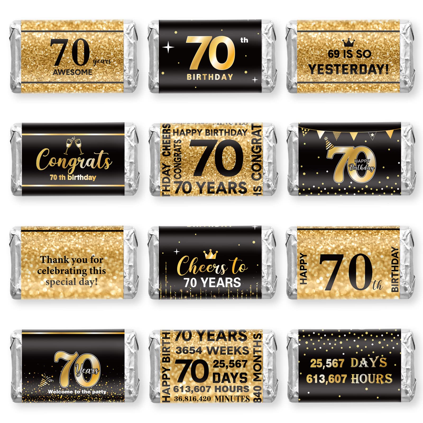 Tenare 70th birthday stickers set enhances party decor with black and gold flair.