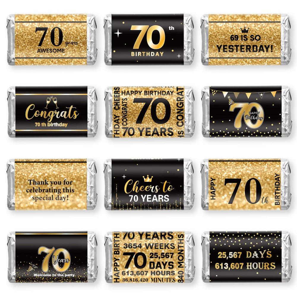 Tenare 70th birthday stickers set enhances party decor with black and gold flair.