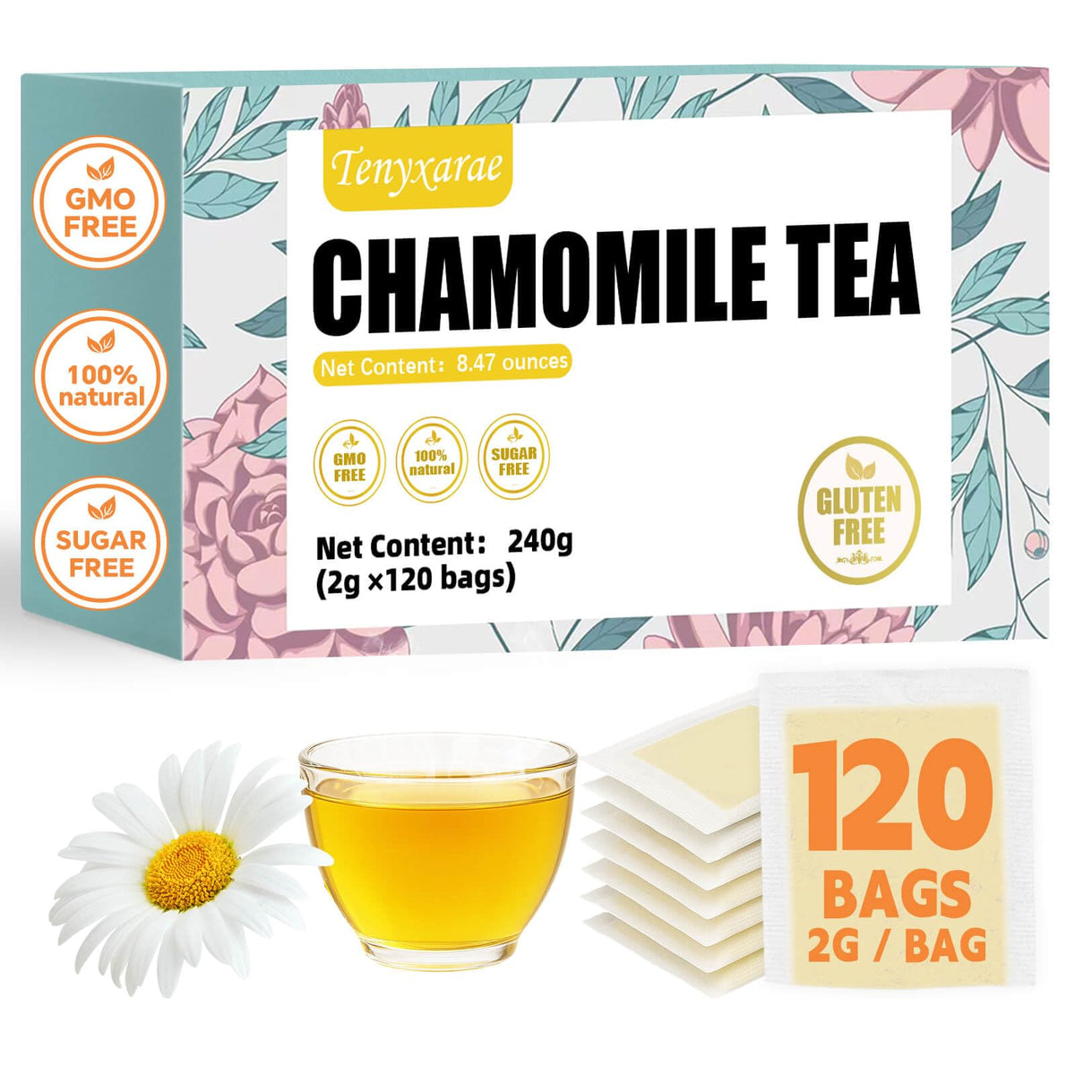 Tenyxarae Chamomile Tea Bags 120-count package with calming aroma for relaxation