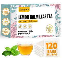 Tenyxarae lemon balm tea bags package shows natural, caffeine-free calm for any moment.
