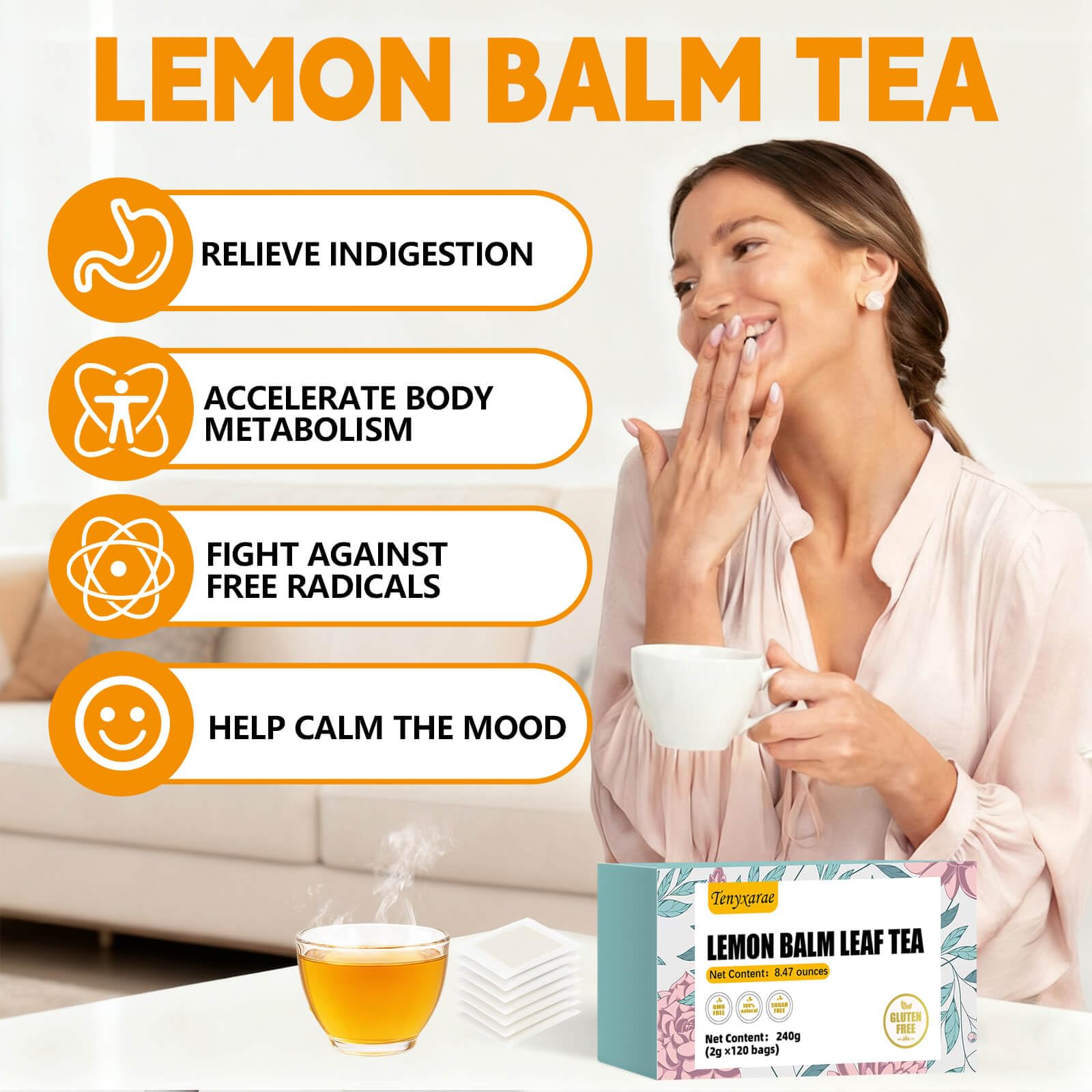 Tenyxarae lemon balm tea bags steep captures fragrant aroma for a soothing ritual.