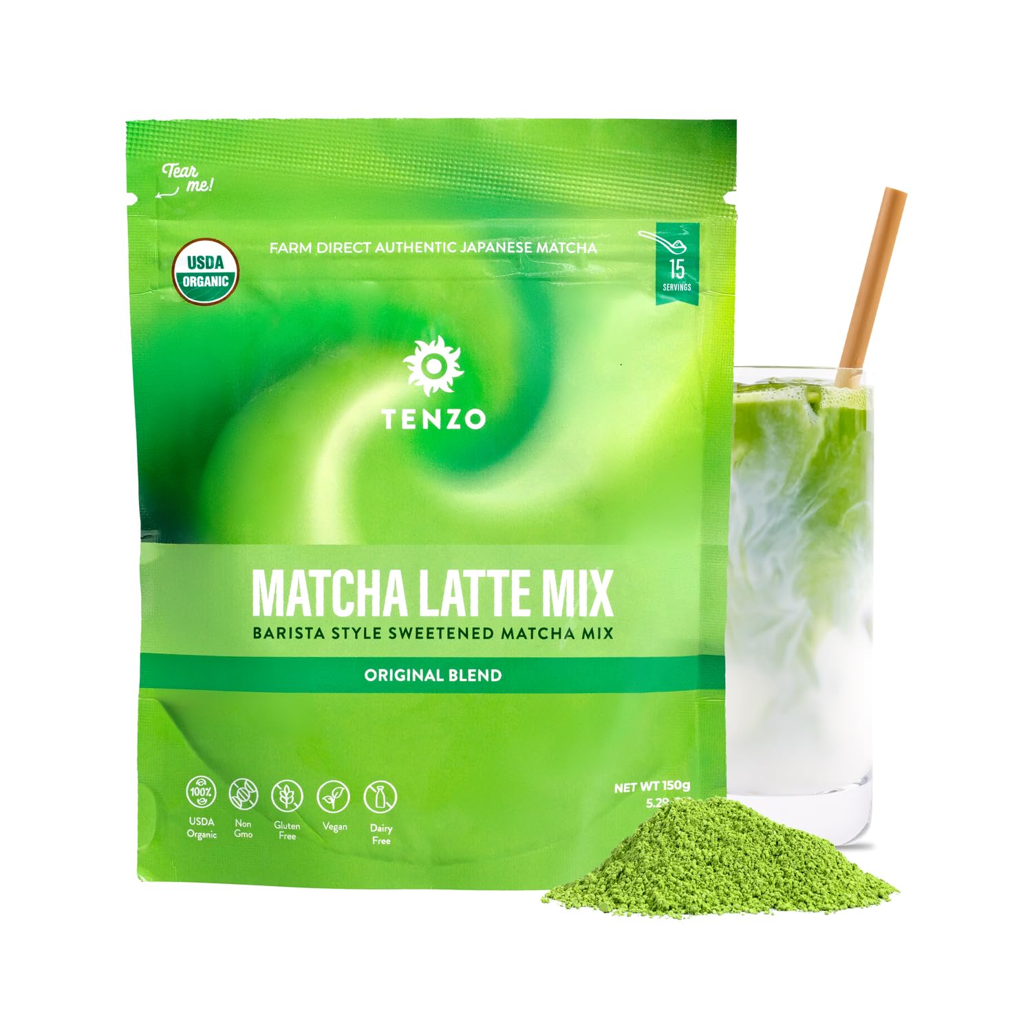 Tenzo Matcha latte powder jar shows cafe-style preparation at home