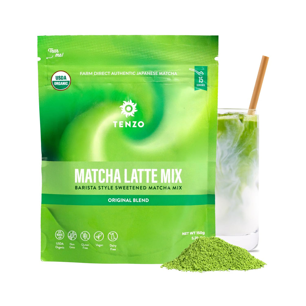 Tenzo Matcha latte powder jar shows cafe-style preparation at home