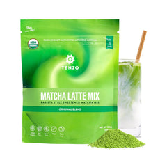 Tenzo Matcha latte powder jar shows cafe-style preparation at home
