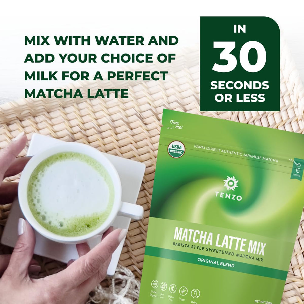Tenzo Matcha latte powder pouring milk demonstrates creamy texture potential