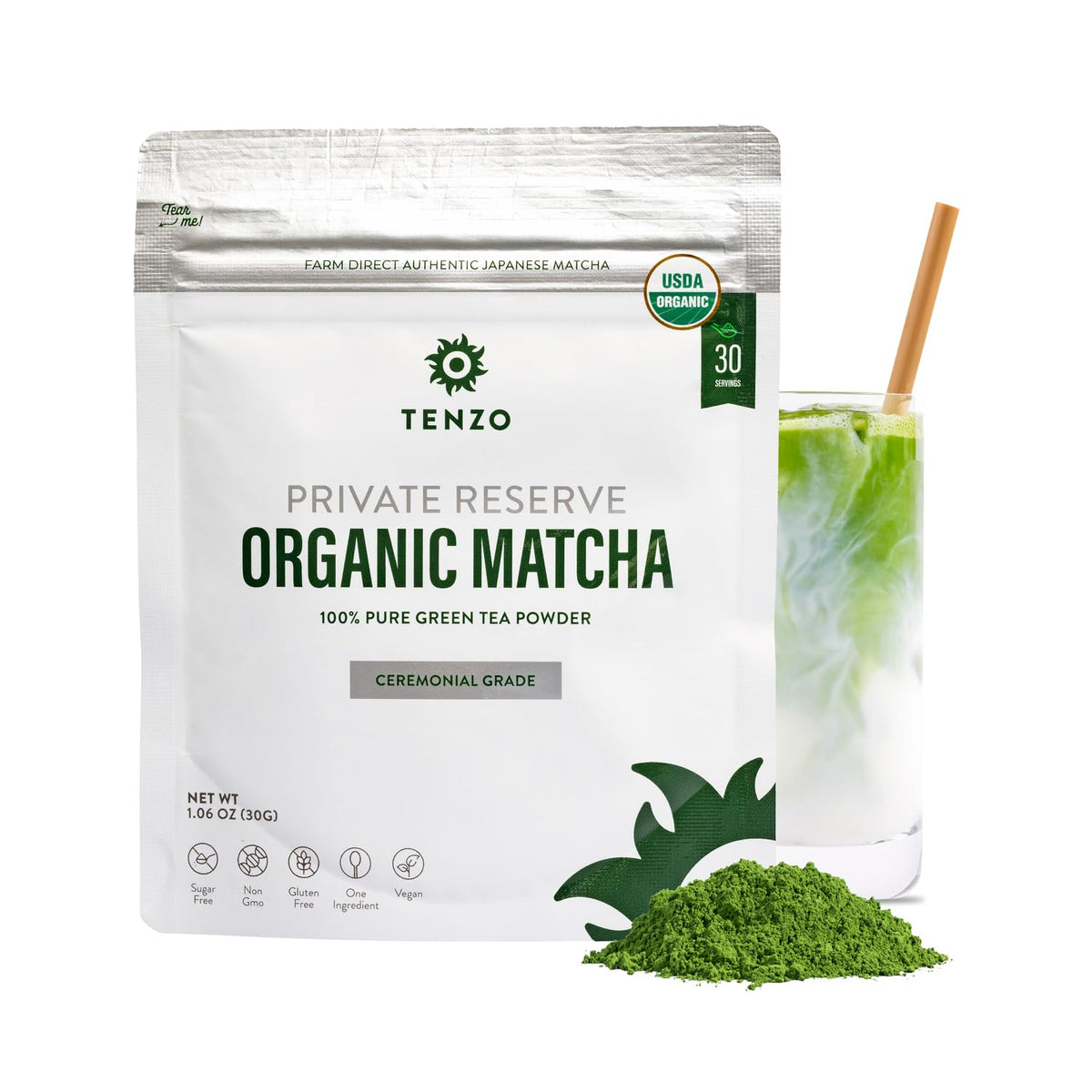 Tenzo Private Reserve ceremonial-grade matcha powder packaging showcases premium quality.