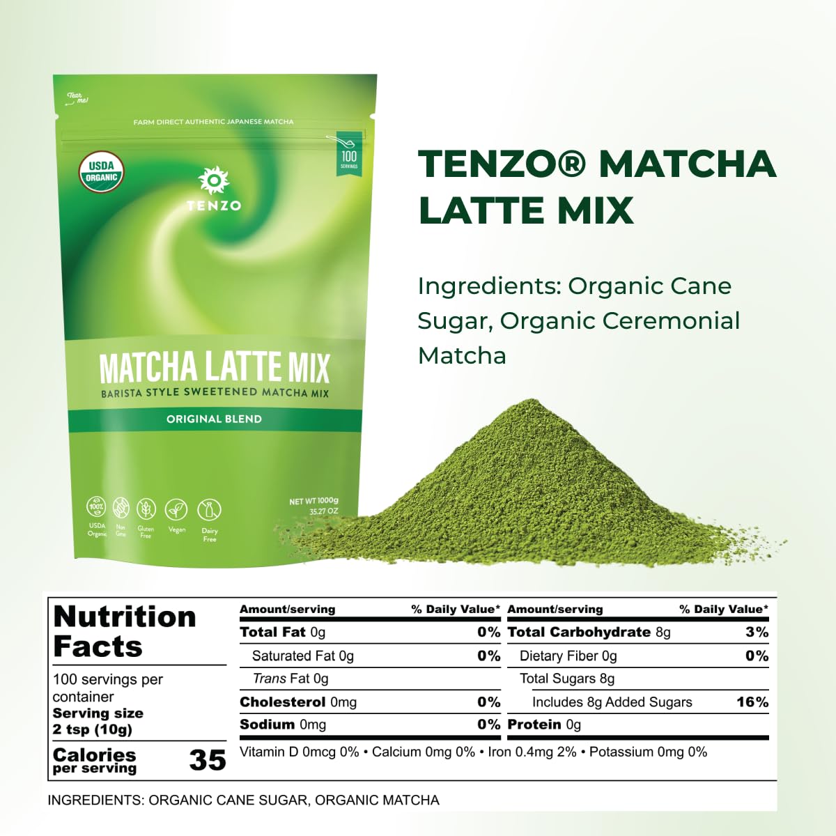 Tenzo matcha latte mix bag open signaling cafe style sweetness and balance