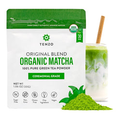 Tenzo Tea matcha original blend packaging close-up for daily ceremonial ritual.