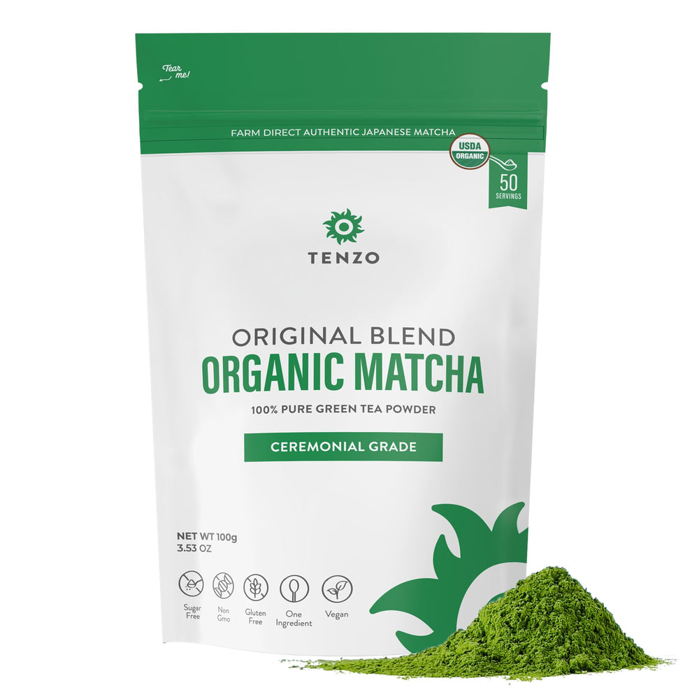 Tenzo Tea ceremonial grade matcha powder in tin for authentic beverages and smooth energy.