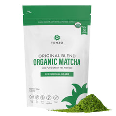 Tenzo Tea ceremonial grade matcha powder in tin for authentic beverages and smooth energy.