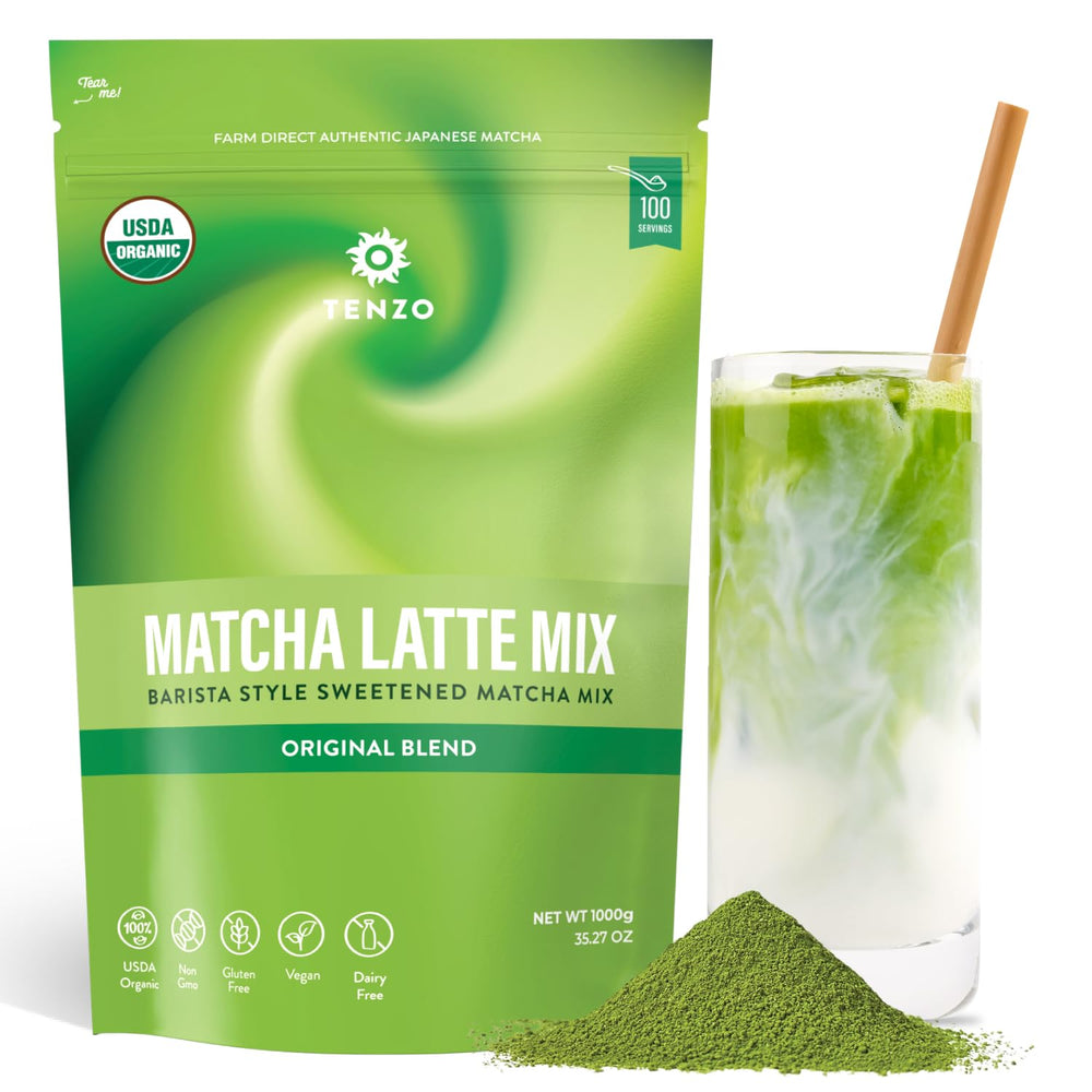 Tenzo Tea matcha powder tin showcasing ceremonial grade quality for latte making