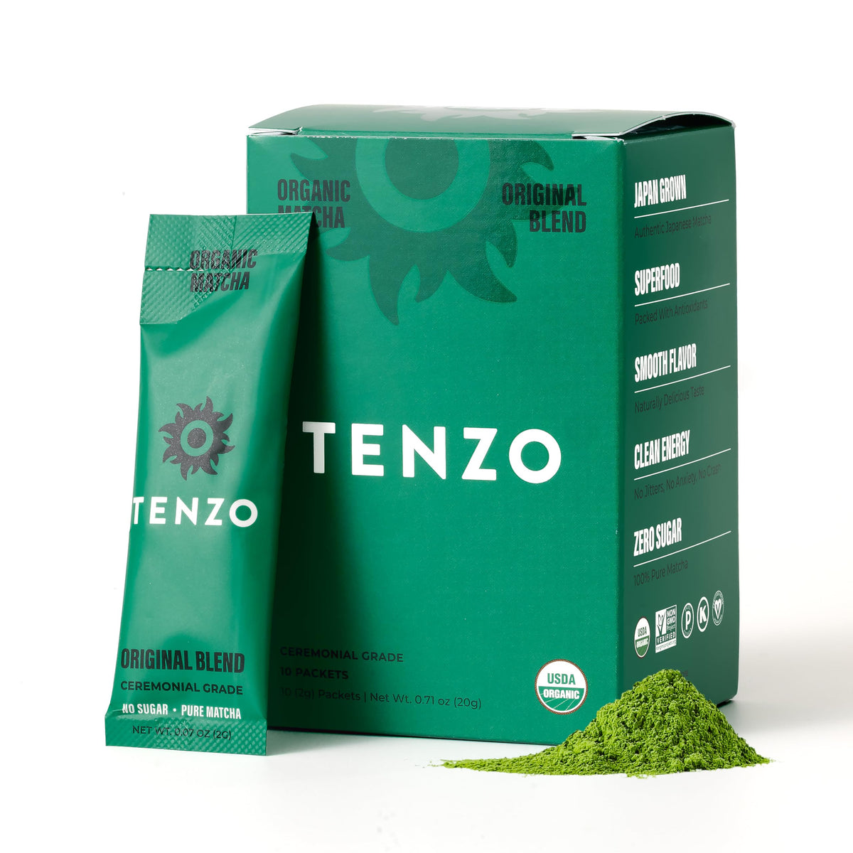 Tenzo Matcha single-serve stick packaging for easy on-the-go brewing.