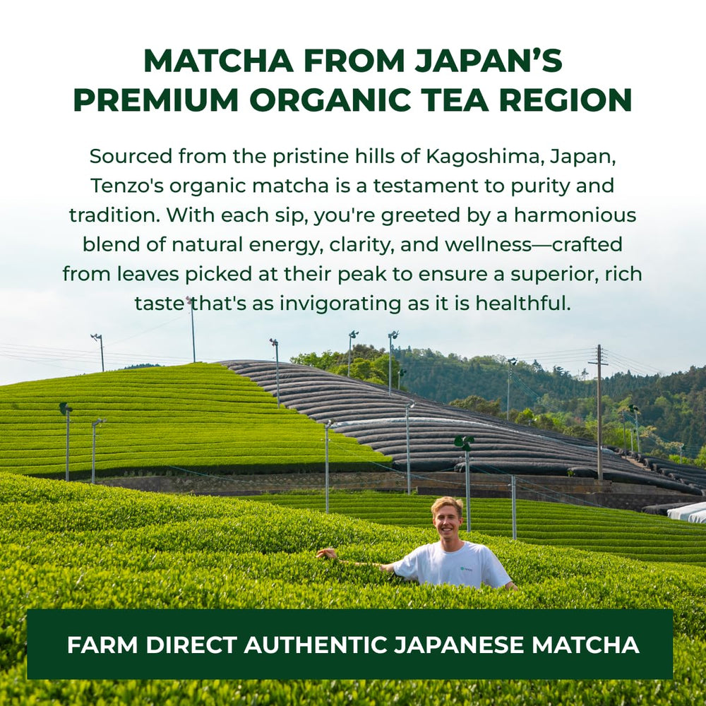Open tin of Tenzo matcha powder with a spoon for latte preparation