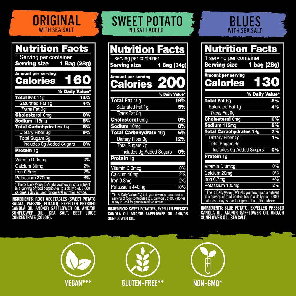 Terra Blues chips bag shows blue potato variety with crisp texture