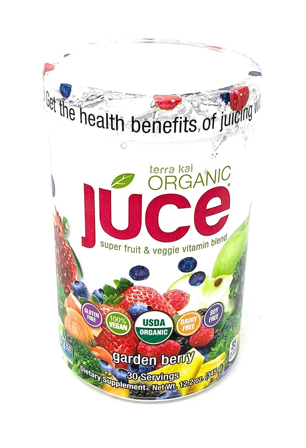 Terra Kai Juce Garden Berry bottle showing a vitamin-rich blend for daily immune support and energy.