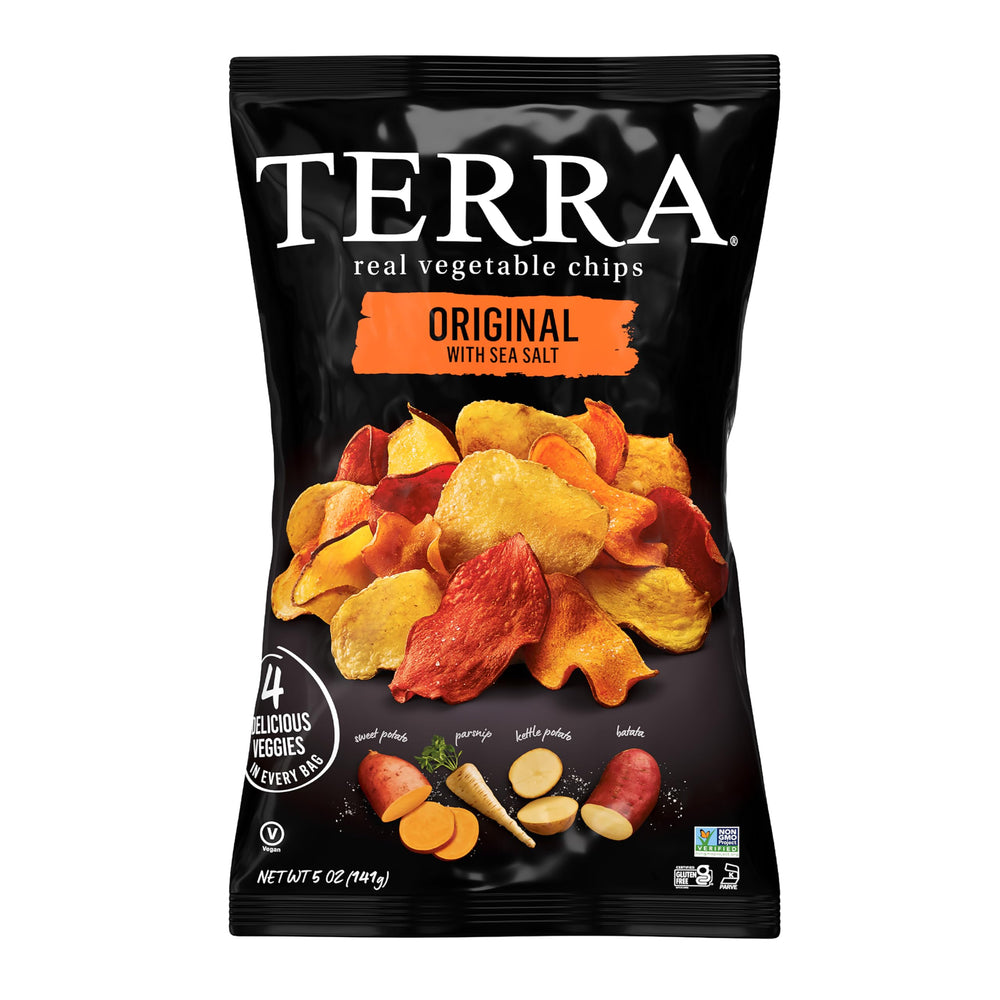 Terra Original Vegetable Chips with Sea Salt in a bag; vegan and gluten-free.