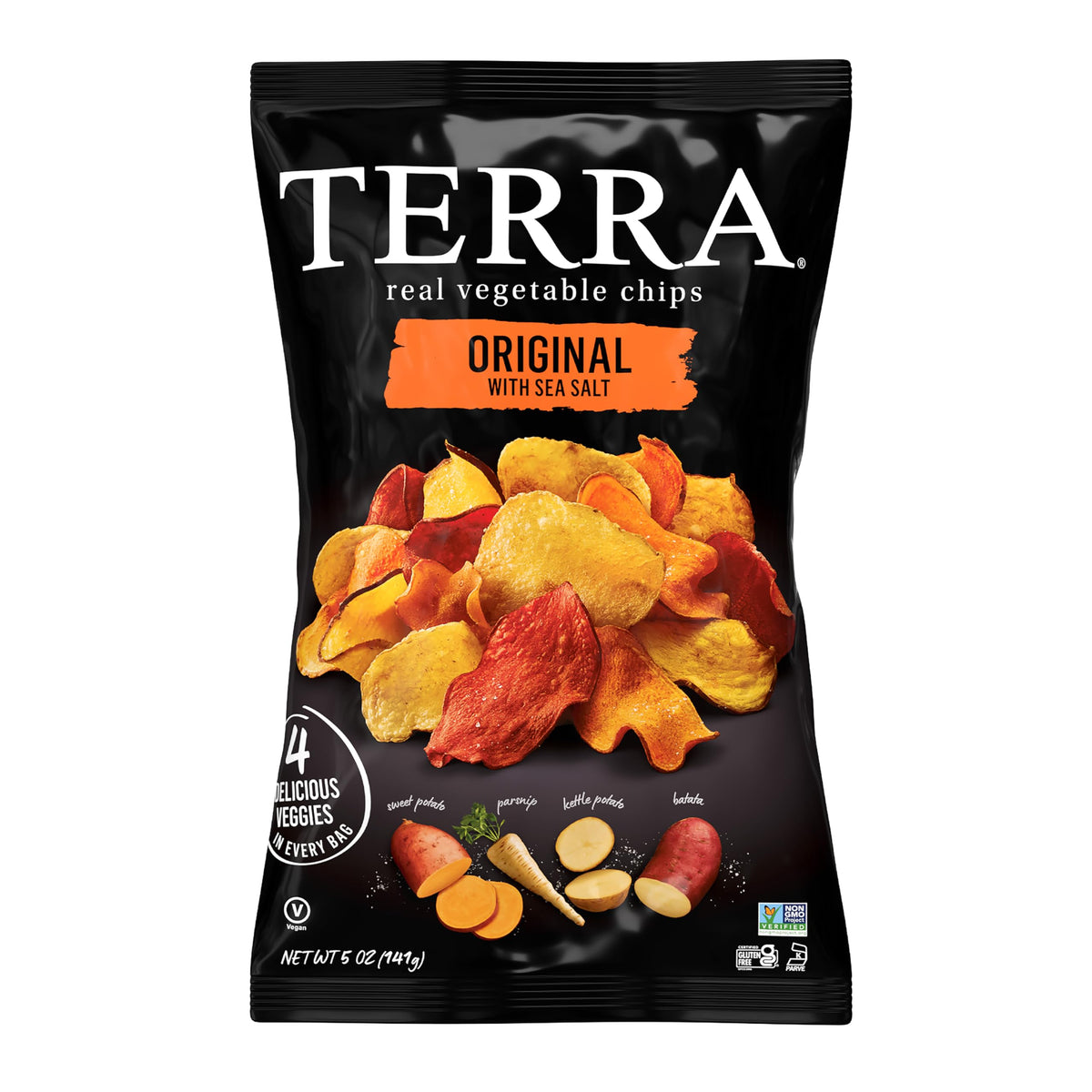 Terra Original Vegetable Chips with Sea Salt in a bag; vegan and gluten-free.