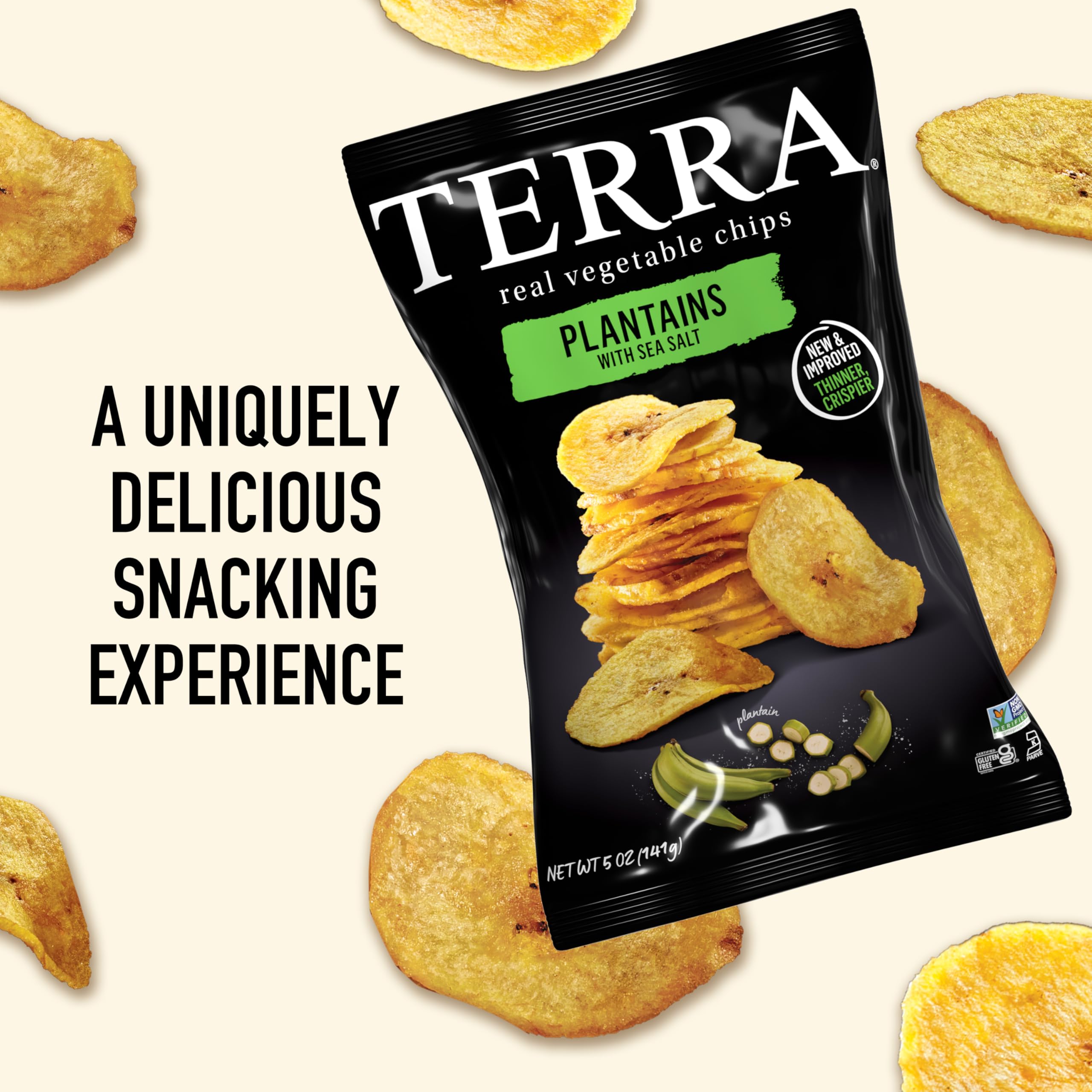 Terra Plantains chips sea salt bag back displaying nutrition details
