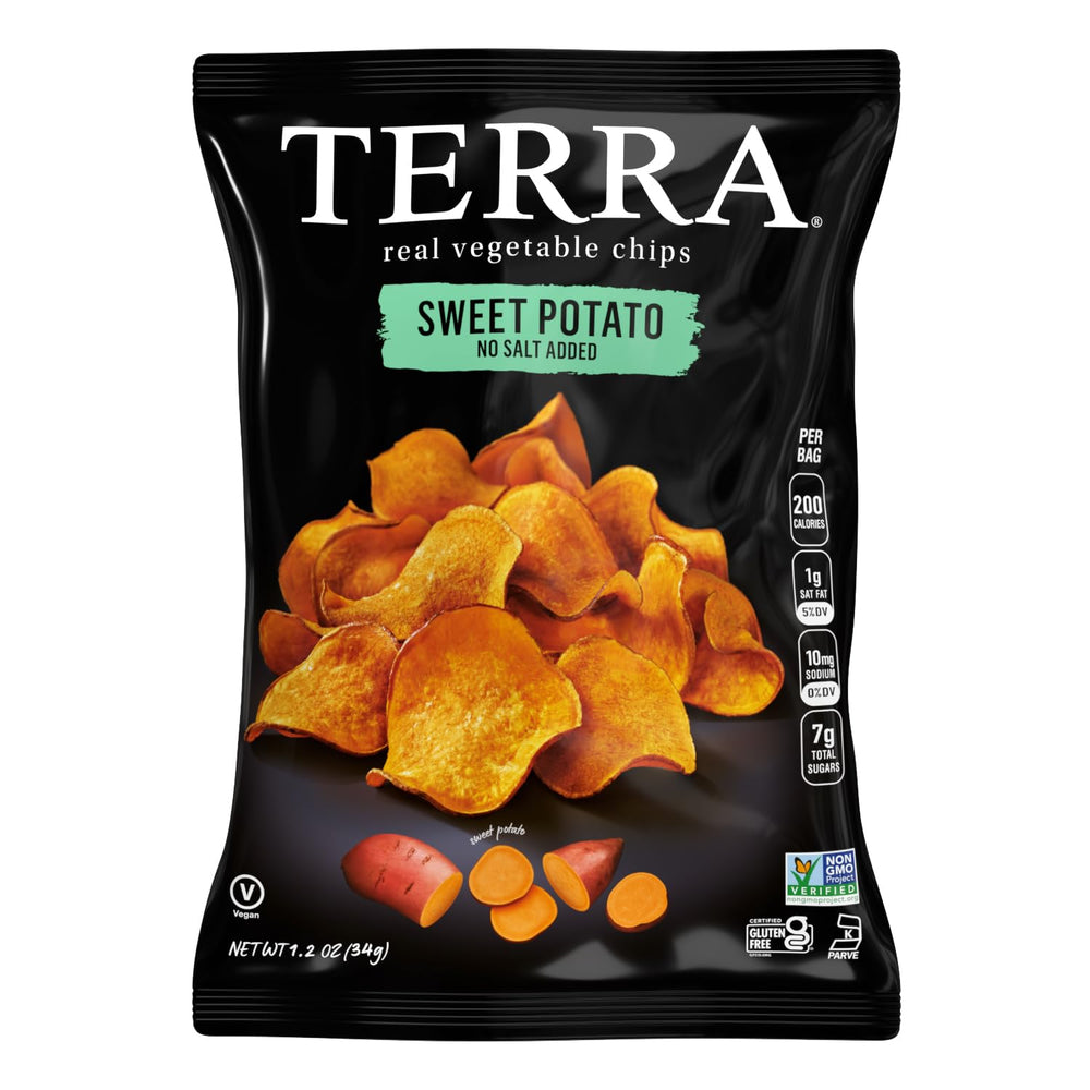 Terra root vegetable chips slices; colorful mix signals real vegetable goodness.