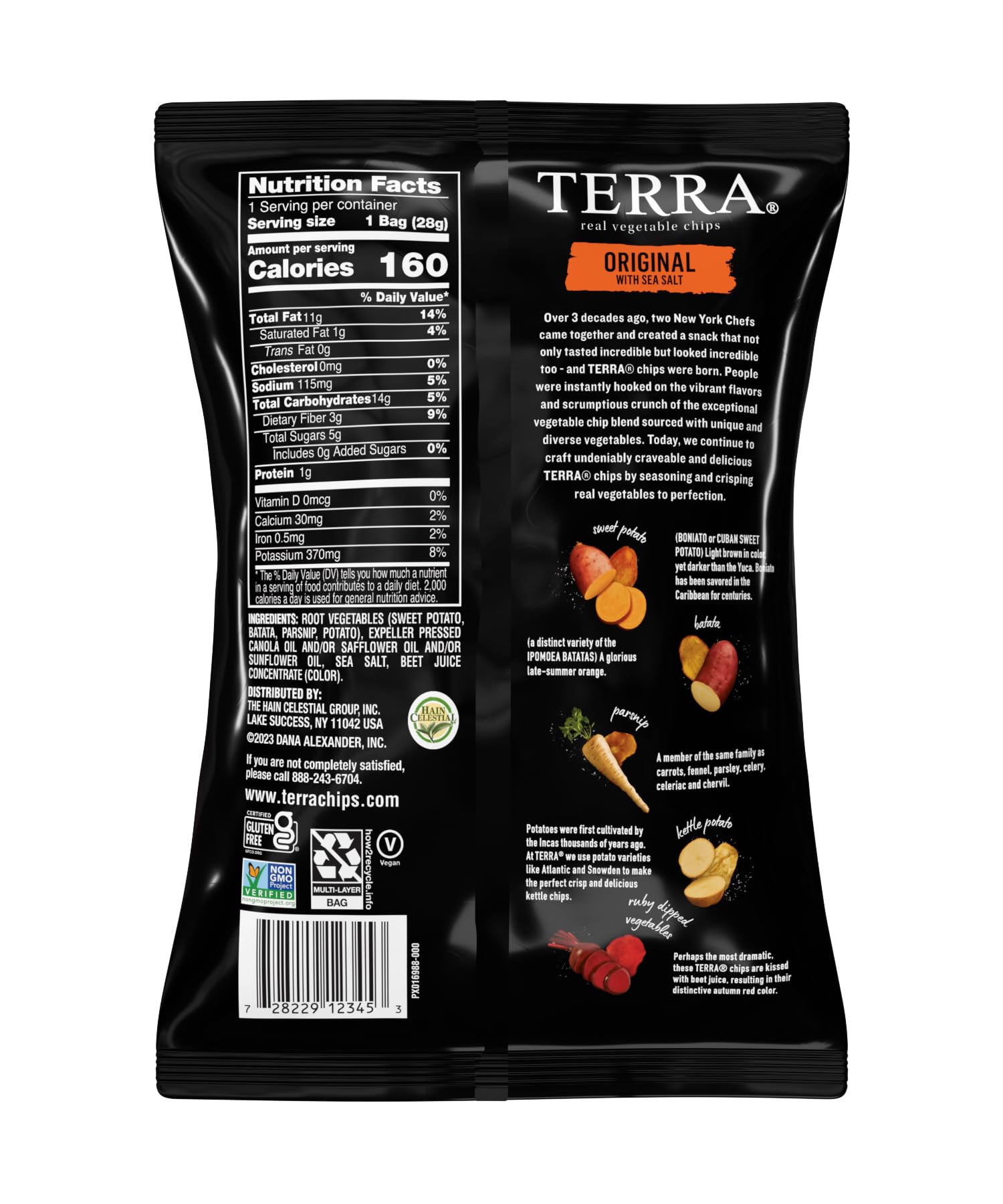 Terra Original sweet potato chips bag view; convenient 1 oz portion for snacking.