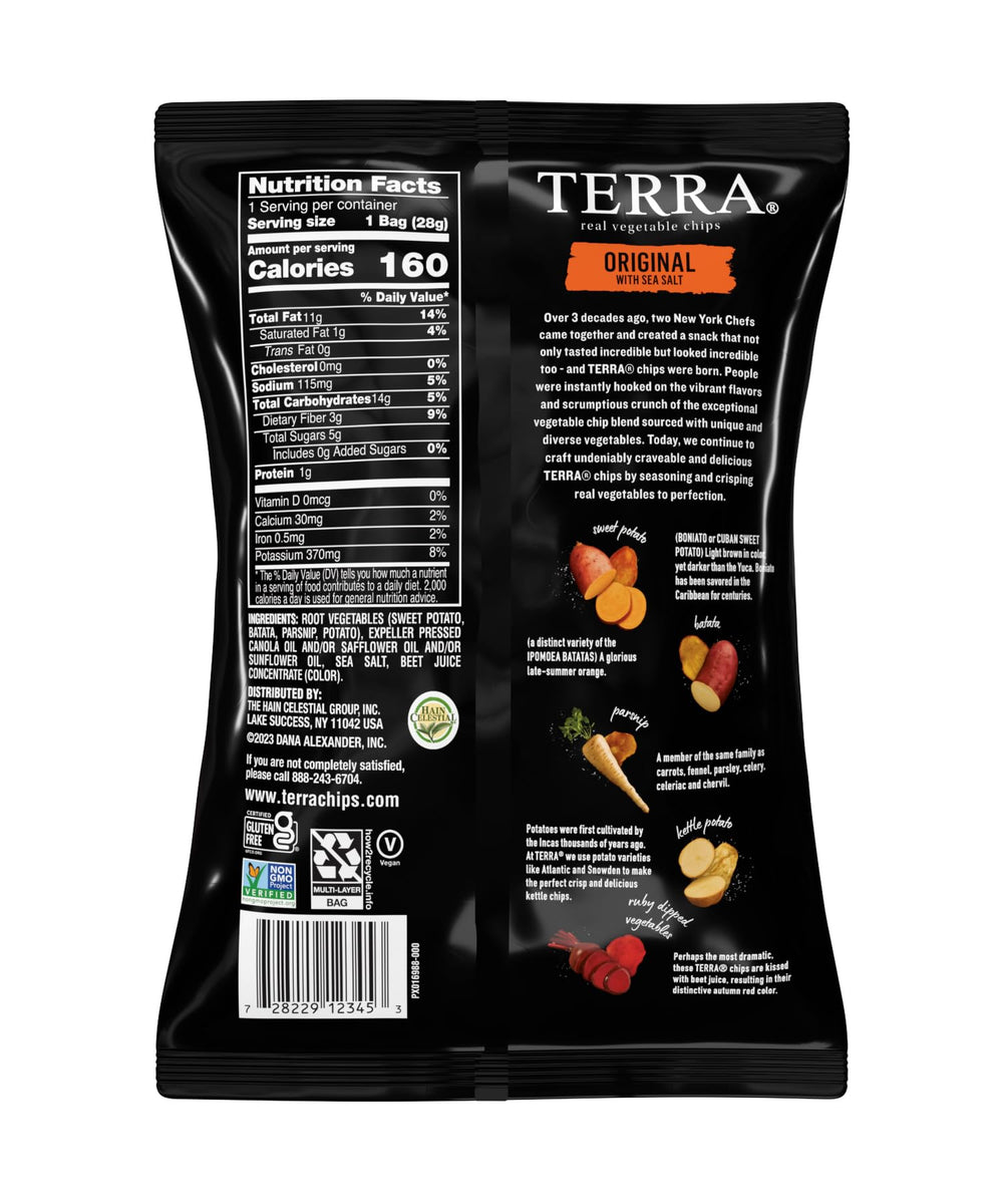 Terra Original sweet potato chips bag view; convenient 1 oz portion for snacking.