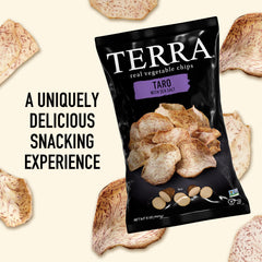Terra taro bag on counter communicates premium, natural snacking.