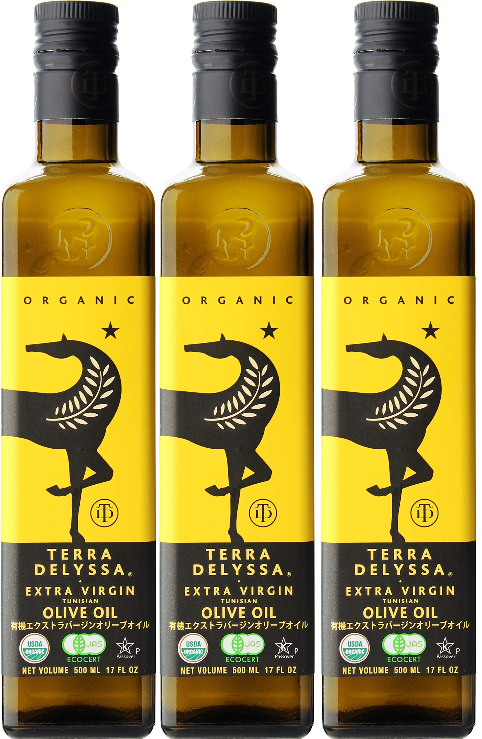 Terra Delyssa first cold pressed olive oil bottle, 3-pack, ideal for everyday cooking.
