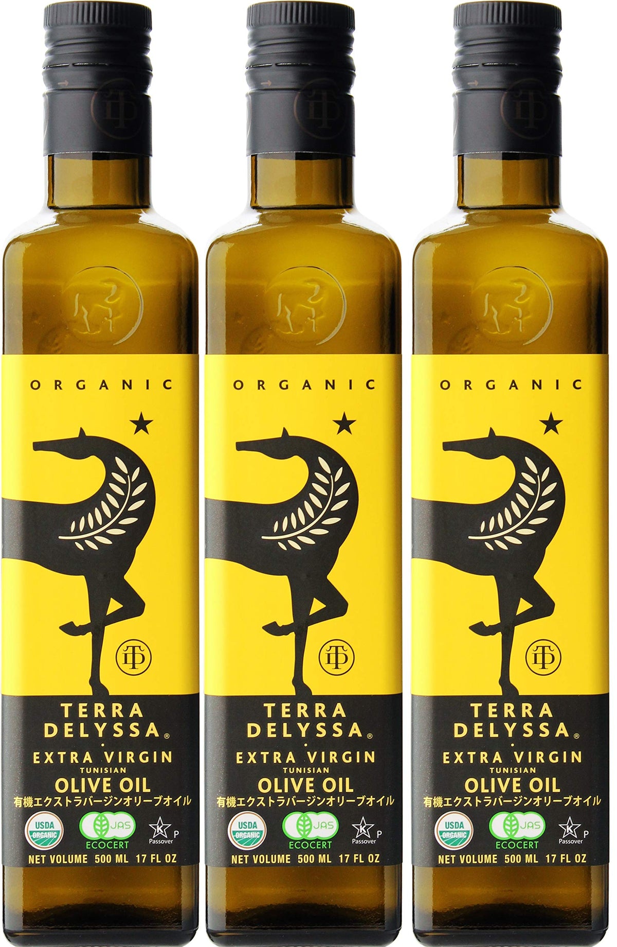 Terra Delyssa first cold pressed olive oil bottle, 3-pack, ideal for everyday cooking.