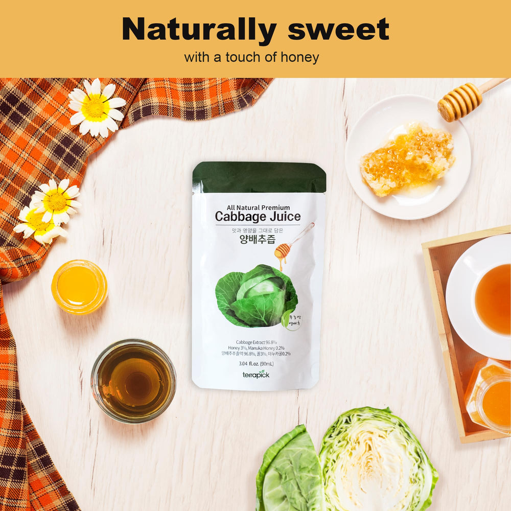 Terrapick green cabbage juice on-the-go packaging in a compact set.