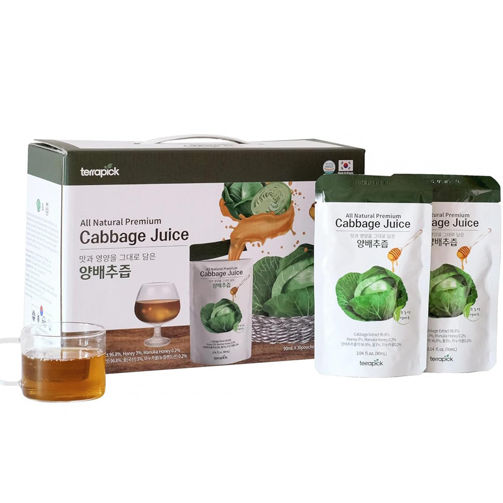 Terrapick green cabbage juice pouch for on-the-go hydration.