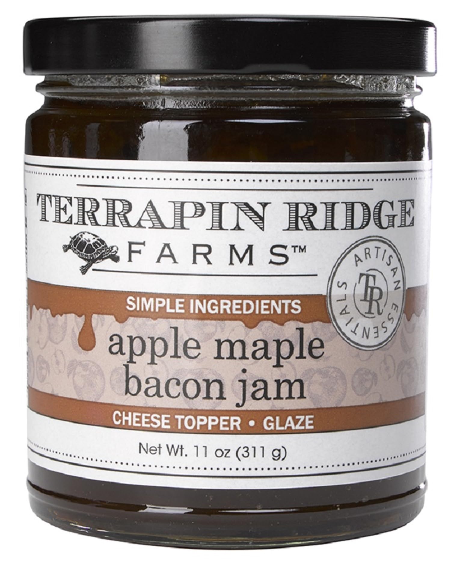 Terrapin Ridge Apple Maple Bacon Jam jar on a cheese board, perfect for gourmet pairing.
