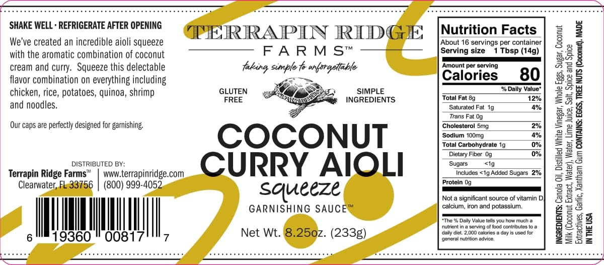 Terrapin Ridge Farms coconut curry aioli label close-up highlighting gluten-free ingredients