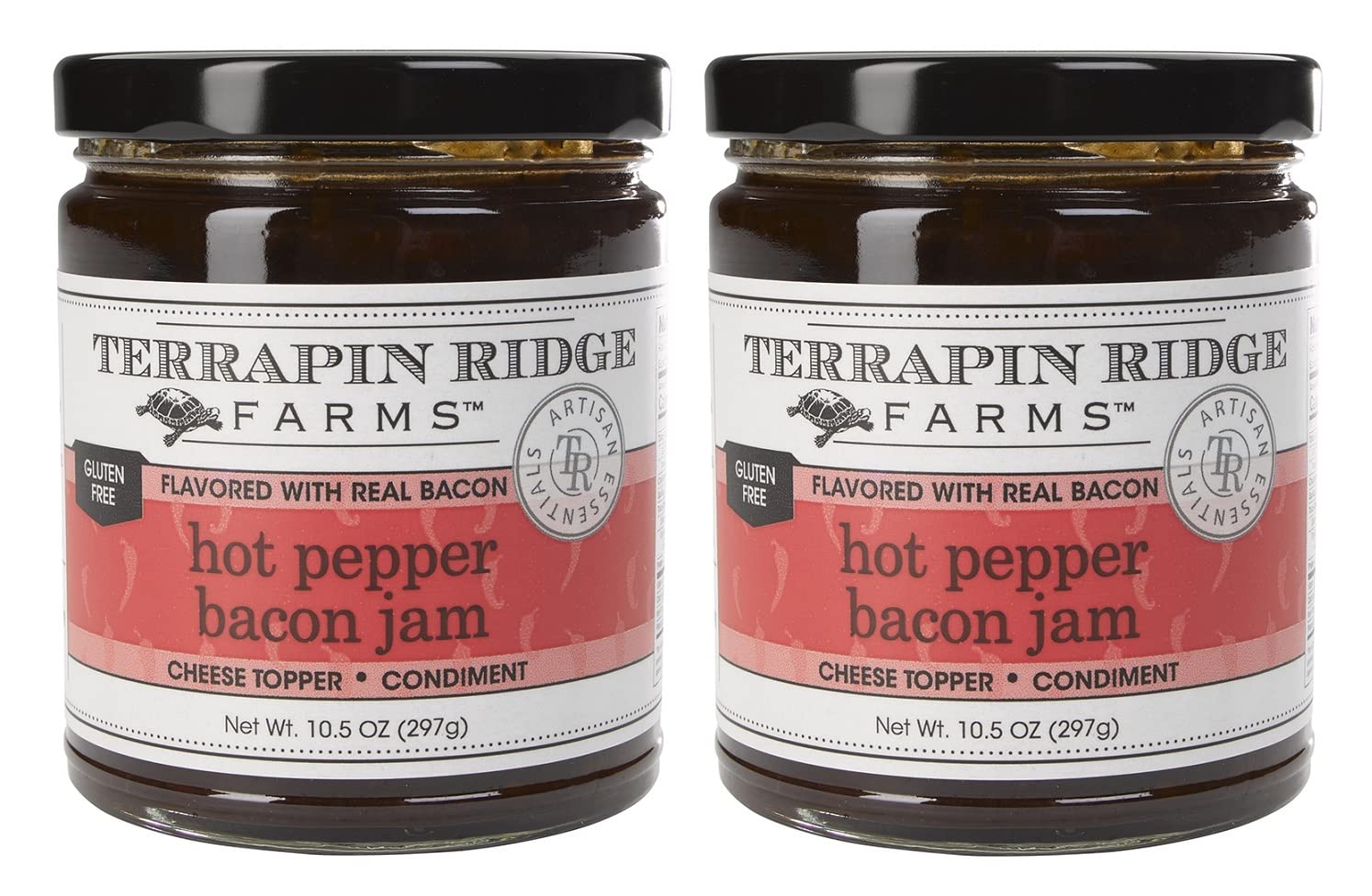 Terrapin Ridge hot pepper bacon jam jar closeup, ideal for spreading on crackers.