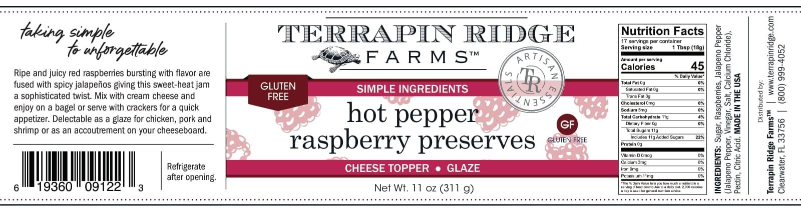Terrapin Ridge preserves jar close-up highlighting ripe raspberries and jalapeños