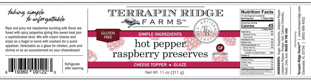 Terrapin Ridge preserves jar close-up highlighting ripe raspberries and jalapeños