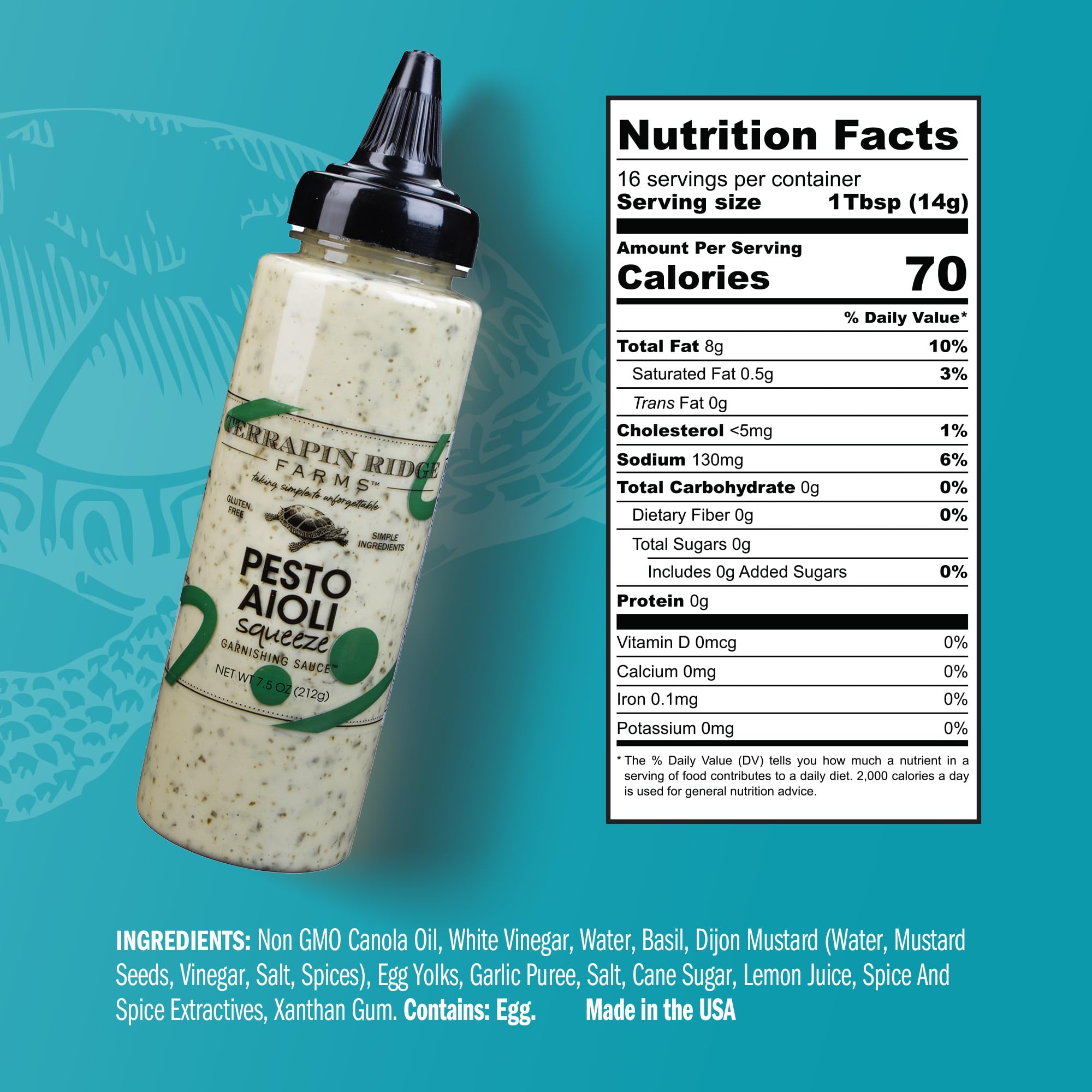 Terrapin Ridge Farms Pesto Aioli bottle pour showing versatile finishing touch on dishes.