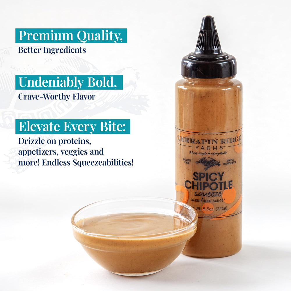 Terrapin Ridge Spicy Chipotle Garnishing Sauce drizzled on a sandwich for bold flavor