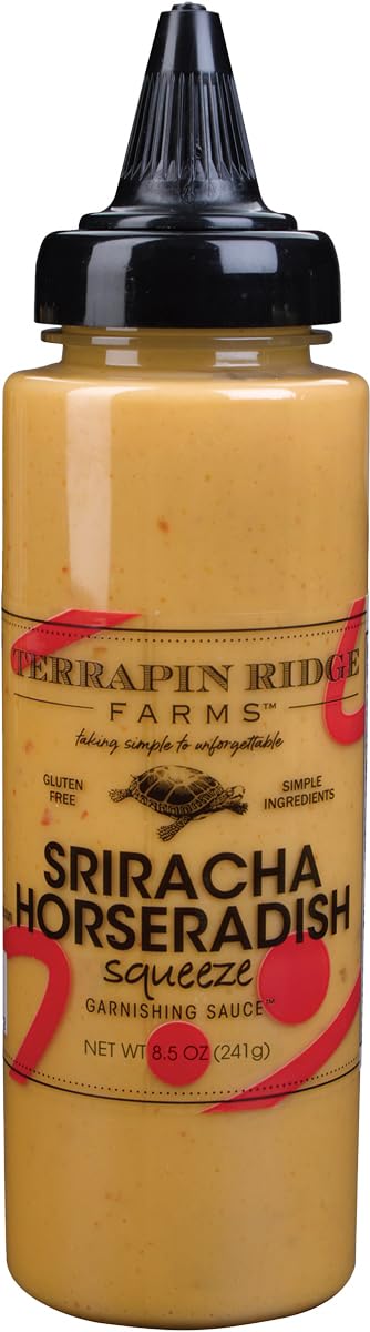 Terrapin Ridge Sriracha Horseradish Garnishing Sauce bottle pour boosts grilled meats